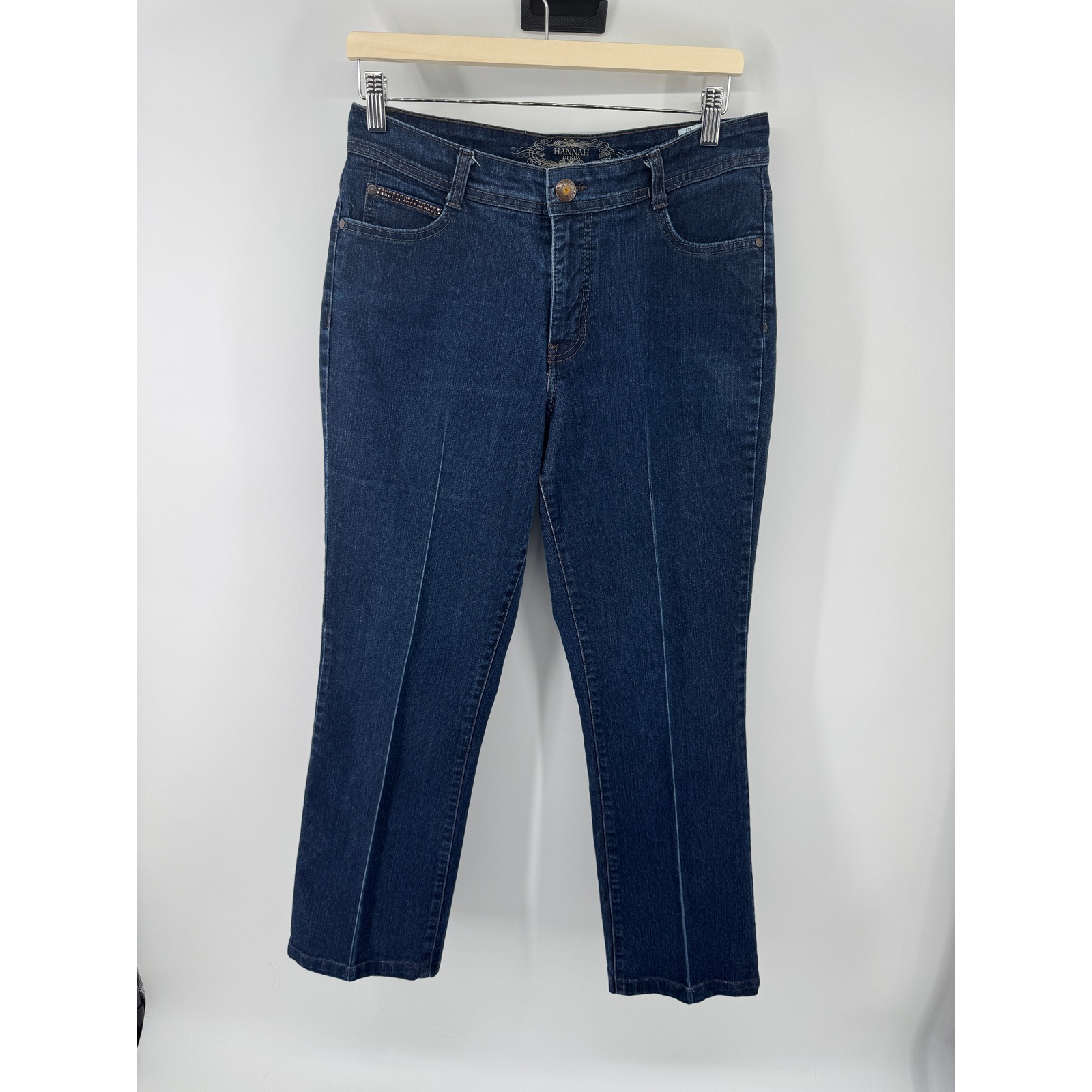 Hannah Denim Womens Dark Wash Straight Leg Studded Flap Pocket Jeans Size 12